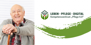 Eine älterer Herr sitzt lächelnd auf einem Stuhl und stützt sich auf einen Gehstock.